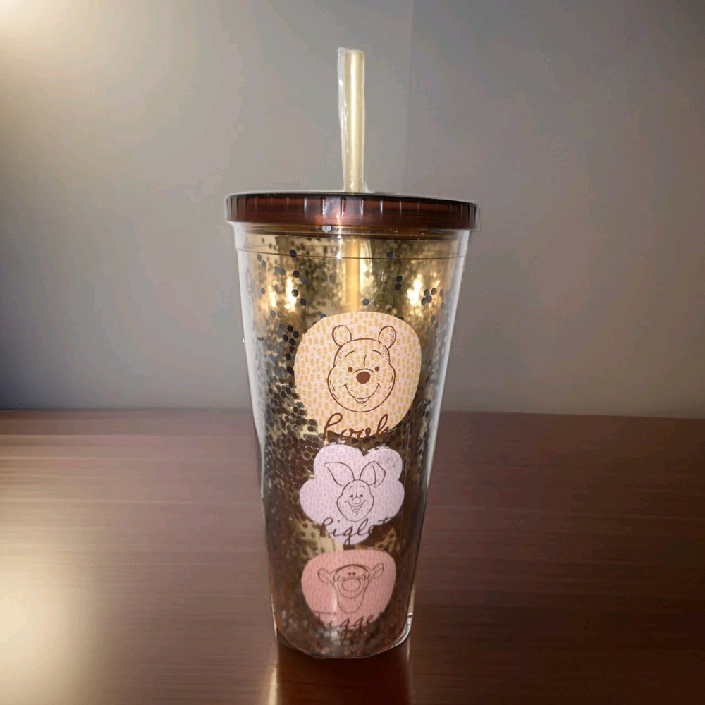Disney Winnie The Pooh And Friends Drink Tumbler With Straw And Glitter 32oz New